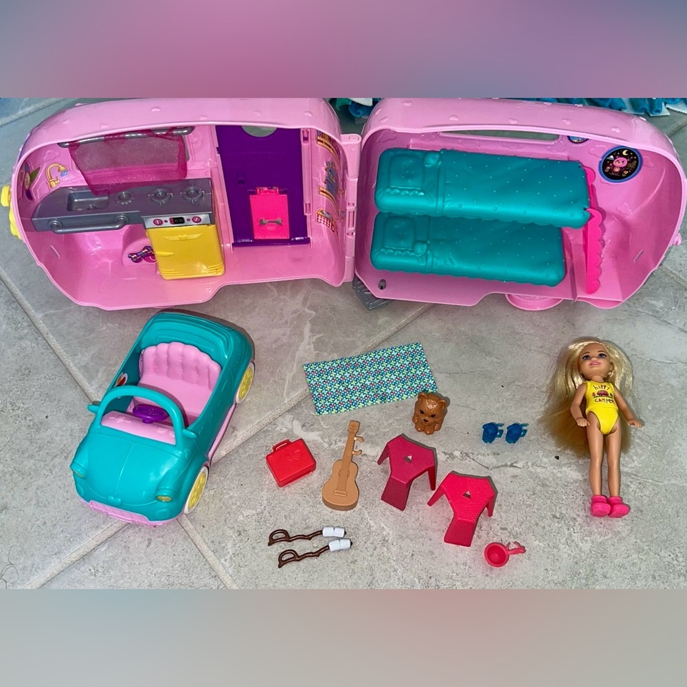 Barbie Club Chelsea Pink Camper Playset, Blonde Small Doll, Pet,Car &Accessories